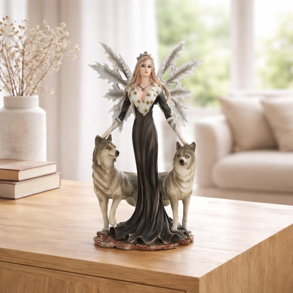 Figura elfo CRISTALLUPA con ali di ghiaccio e 2 lupi, 24 cm, multicolore
