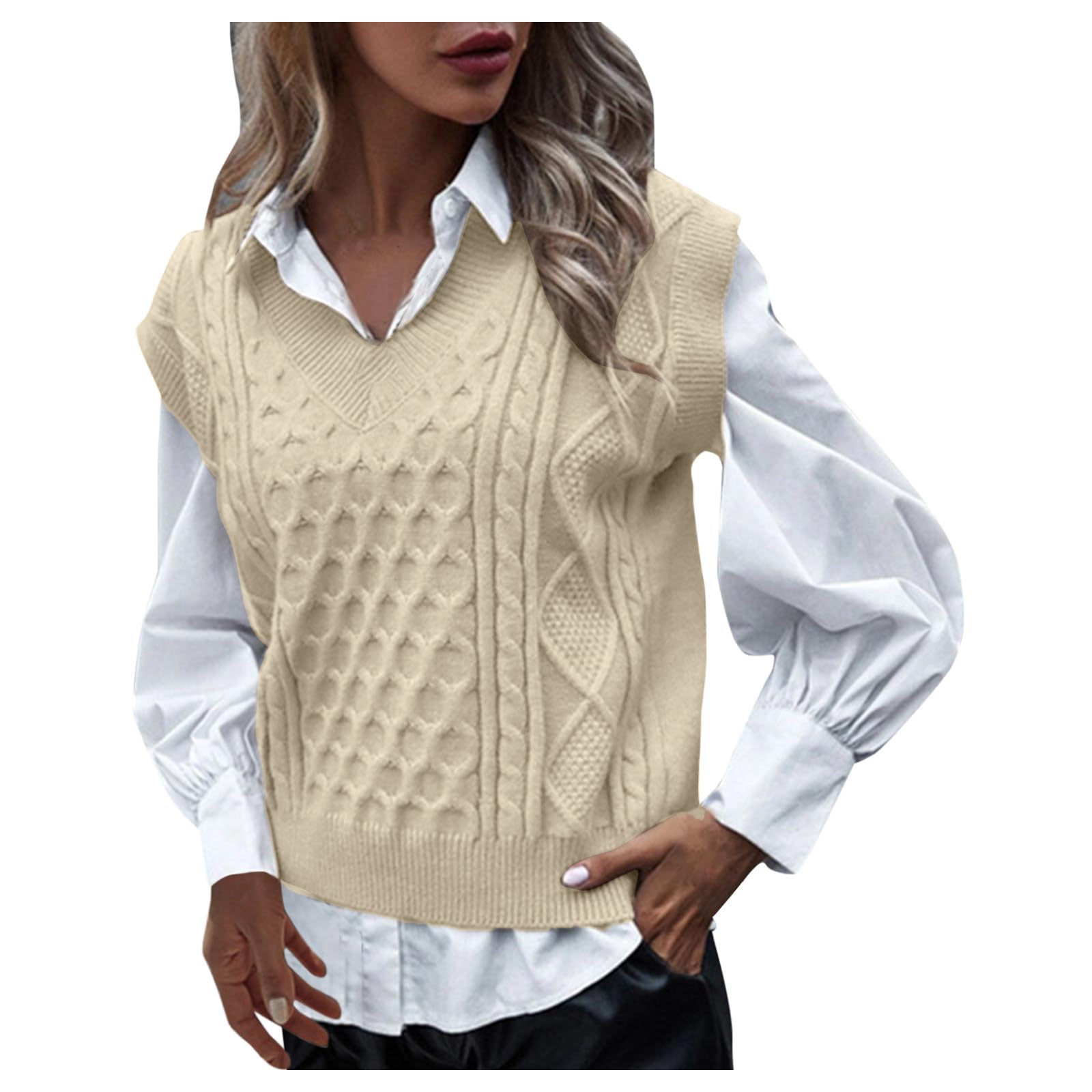 Womens Sleeveless Sweater V Neck Solid Casual Cable Knit Pullover Winter Warm Vest Tops