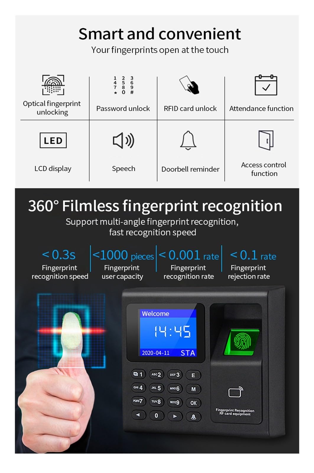 di Controllo accessi RFID for Scanner di Impronte digitali biometrico 1000 utenti Registratore di presenze USB for Ufficio di Fabbrica,Orologio Marcatempo Versatile per Dipendenti