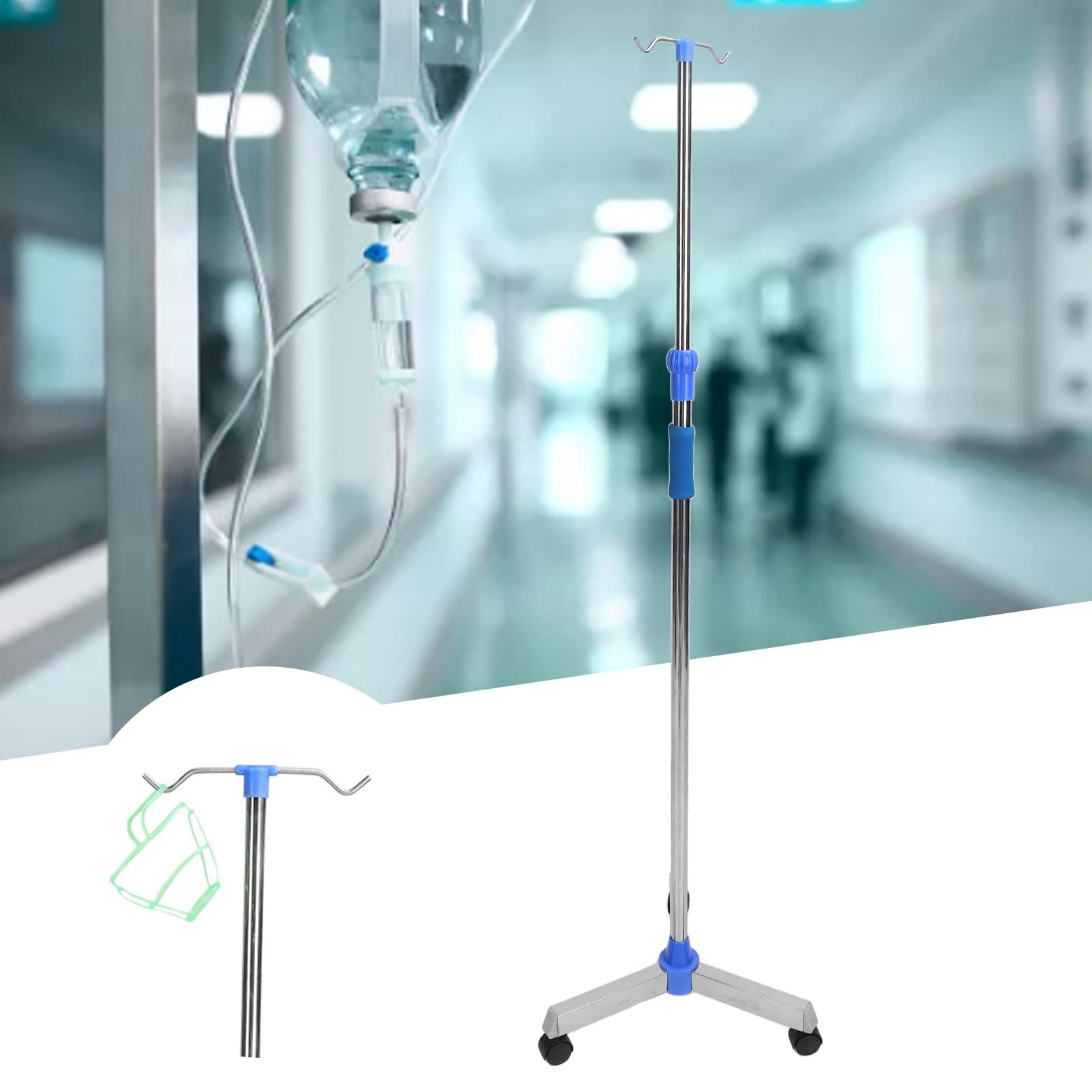 Asta per Flebo con Ruote, Aste per Supporto per Flebo in Acciaio Inossidabile Supporto per Infusione Regolabile in Altezza Supporto per Borsa per Flebo con 2 Ganci per Ospedale e Casa