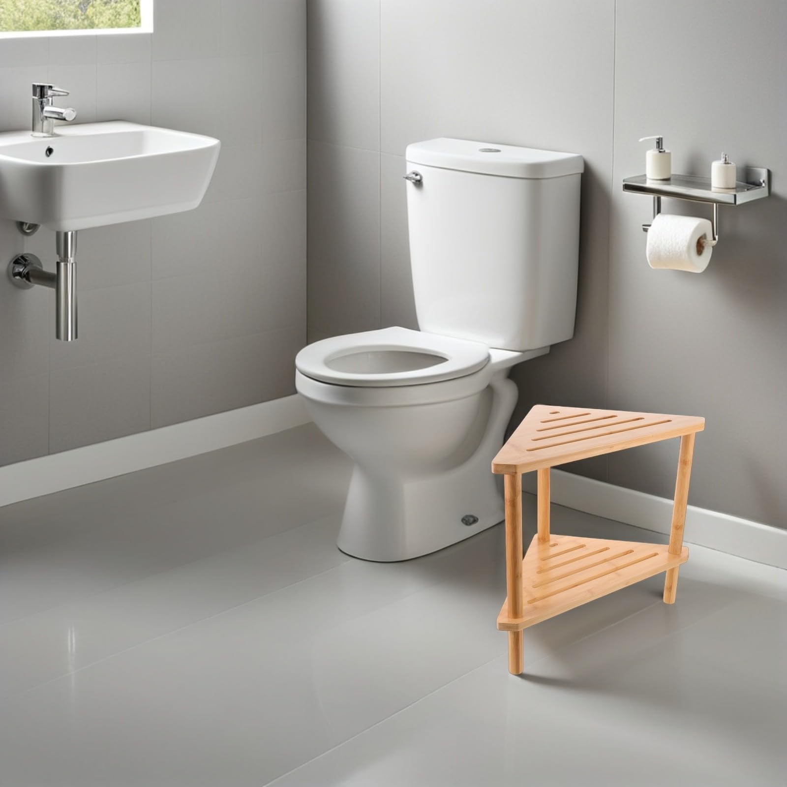 ibasenice Banco para Baño Diseño Triangular Doble Capa, Reposapiés y Taburete para Cambiar Zapatos de Madera y Bambú Base Triangular Ensanchada