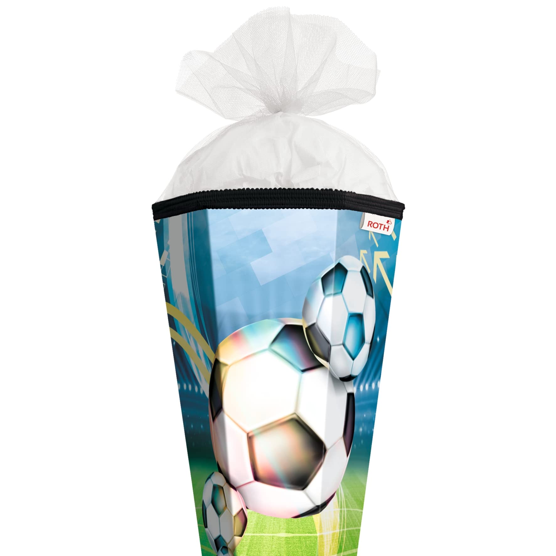 ROTH Schultüte groß Fußball 85 cm - 6-eckig Rot(h)-Spitze Tüllverschluss - Zuckertüte Schulanfang