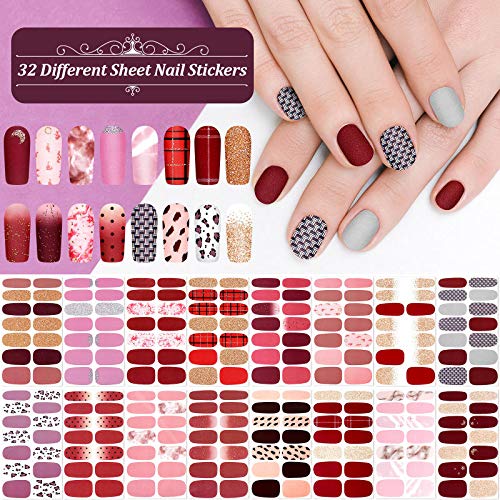 448 Pieces 32 Sheets Nail Wraps Full Nail Stickers Short Nails for Women Adhesive Various Pattern Decals Strips with Nail Files for Girls DIY Nail Decoration Art(Fresh Design)