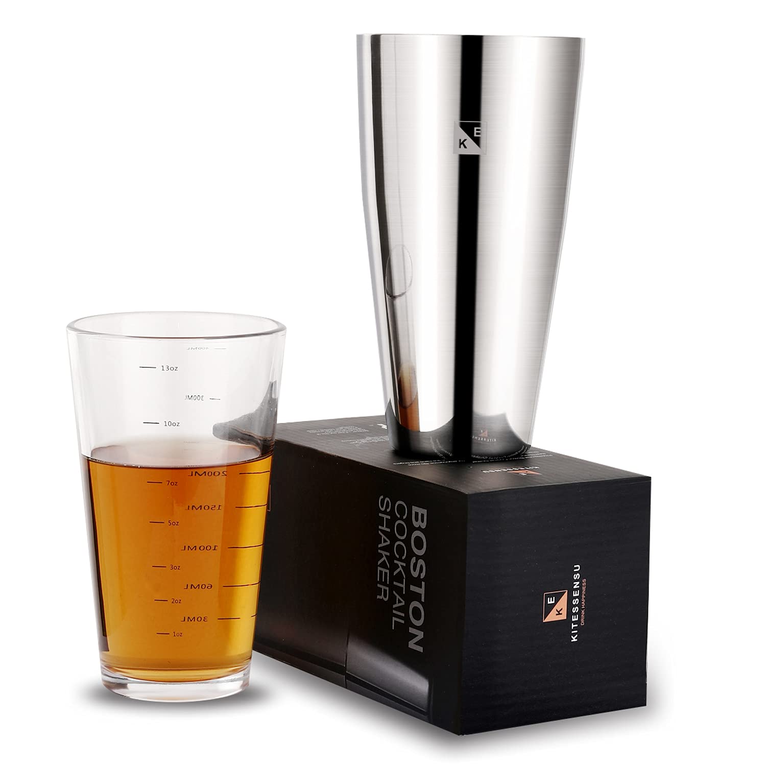 KITESSENSUCocktail Shaker Set, 2-Piece Boston Shaker Set for Drink Mixing, Premium 18/8 Stainless Steel Martini Shaker for Bartending and Home Bar - 28oz & 18oz, Recipes Booklet Included, Glass