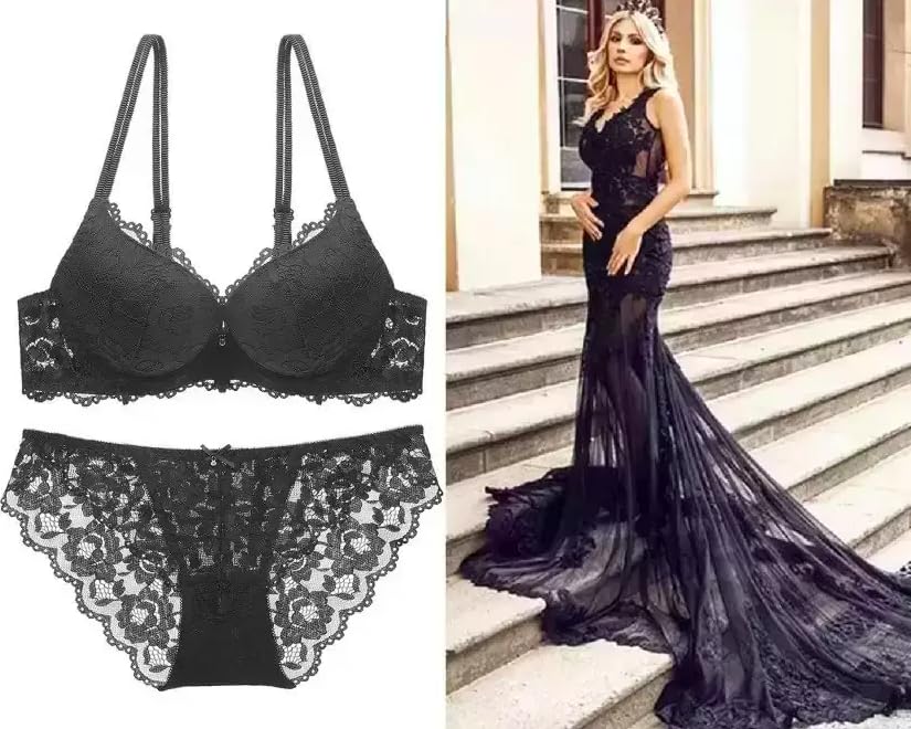 Image of Foxline Women's Lace Push Up Underwired Solid Lingerie Set