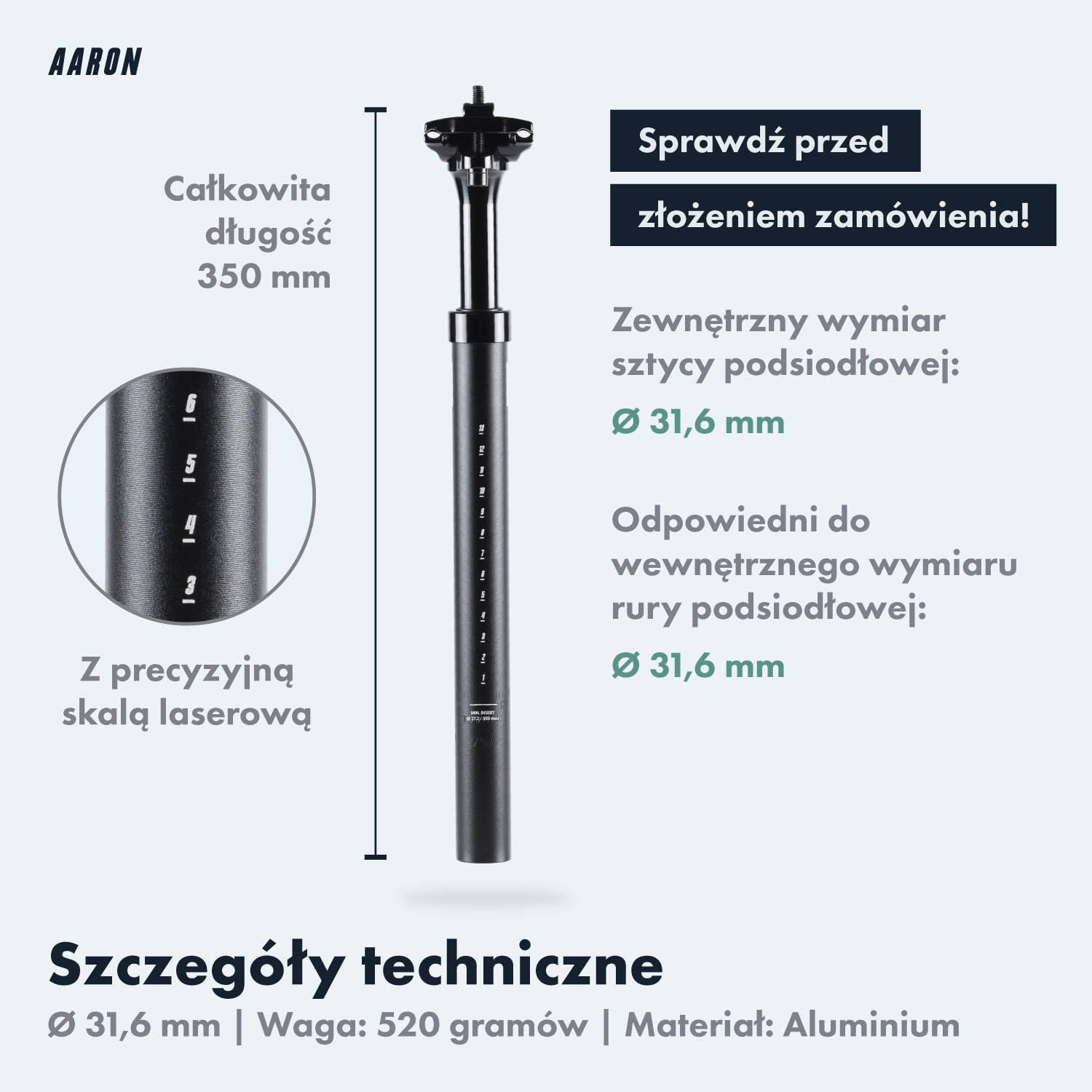 AARON Shock amortyzowana sztyca podsiodłowa o średnicy 27,2, 30,9 lub 31,6 mm – amortyzowana aluminiowa sztyca podsiodłowa o długości 350 mm – amortyzowana sztyca podsiodłowa do rowerów elektrycznych
