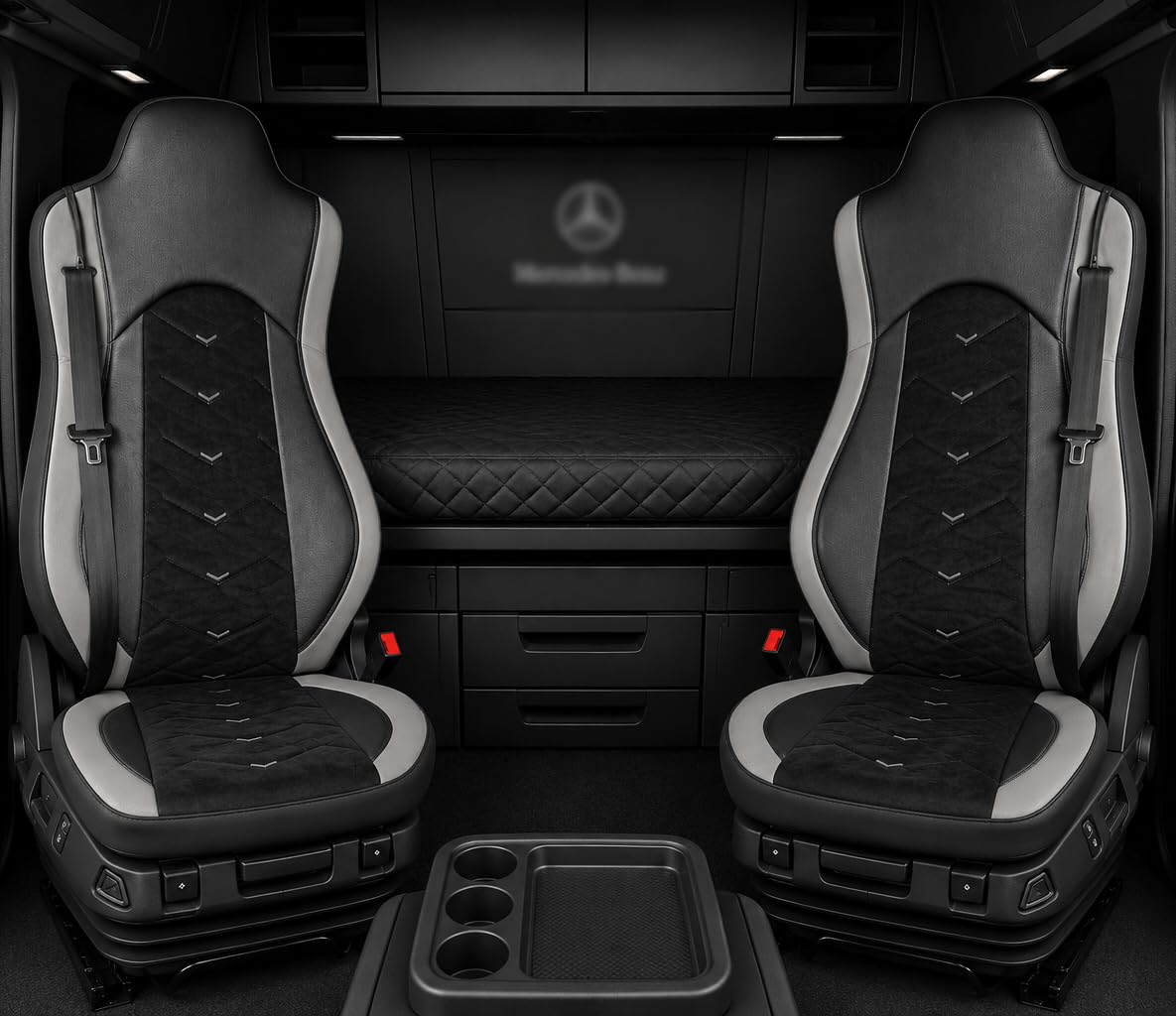 Generisch Coprisedili adatti per Mercedes Benz Actros MP5 Euro 6 a partire dall'anno di costruzione 2019, per camion 1+1, in pelle/alcantara, colore: nero e grigio