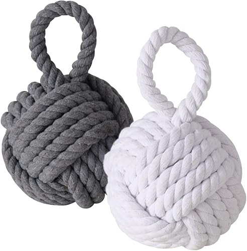 Juego de 2 topes náuticos para puerta, color gris y blanco, cuerda de yute natural, atada a mano, asa de bucle, 6 pulgadas de profundidad x 9