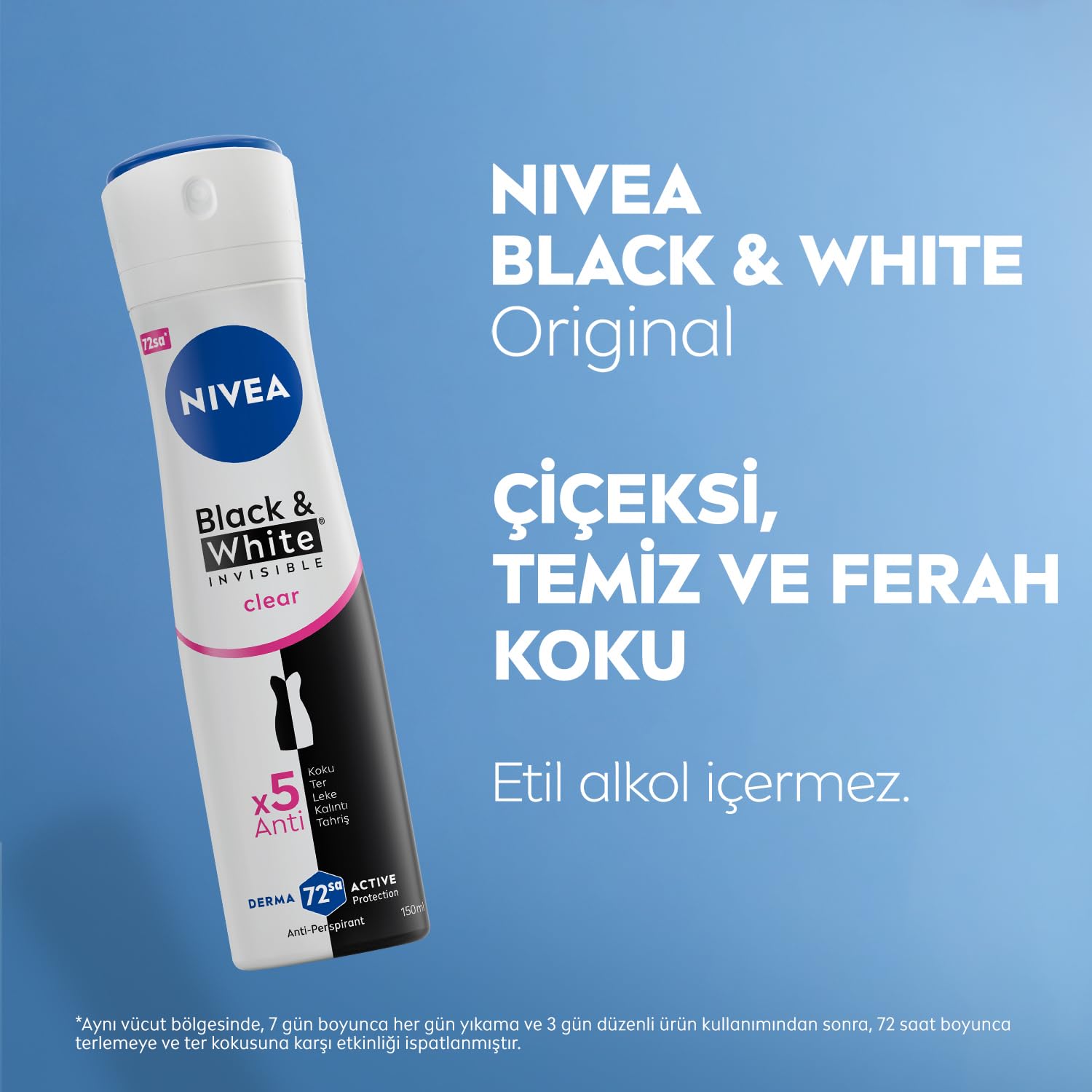 NIVEA Kadın Sprey Deodorant Black&White Invisible Clear 150 ml,72 Saat Terleme ve Ter Kokusuna Karşı Anti Perspirant Koruma, Çiçek Kokusu,Kıyafetlerde Leke Karşıtı, Alkol İçermez 2li paket