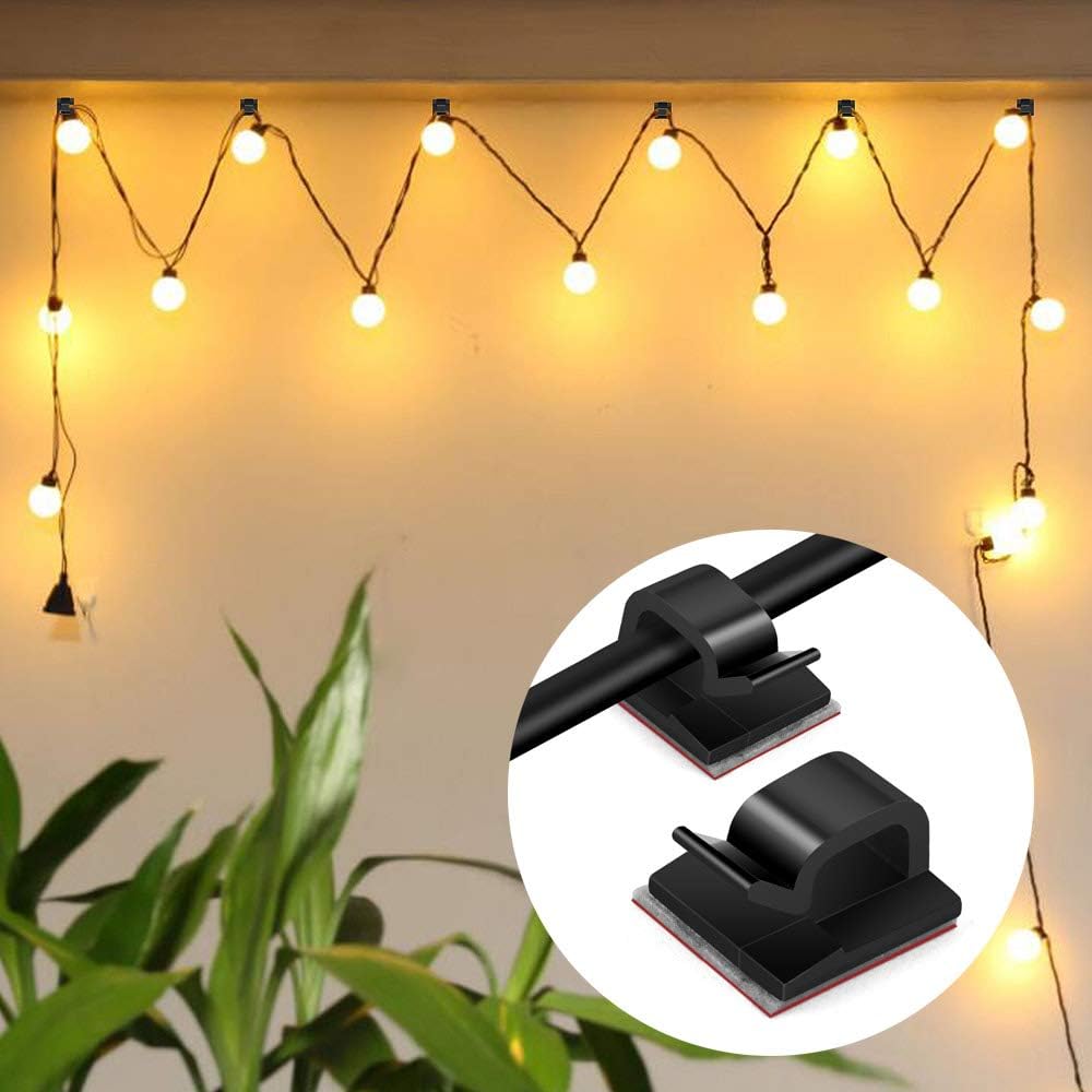 60PCS Cable Clips, KGROTE Outdoor Light Wire Clips Adhesive Cable Hooks Cord Organizer Holder for Desk, Wall Cable Management, Christmas Lights, Christmas Ornaments, Fairy Lights (Black)