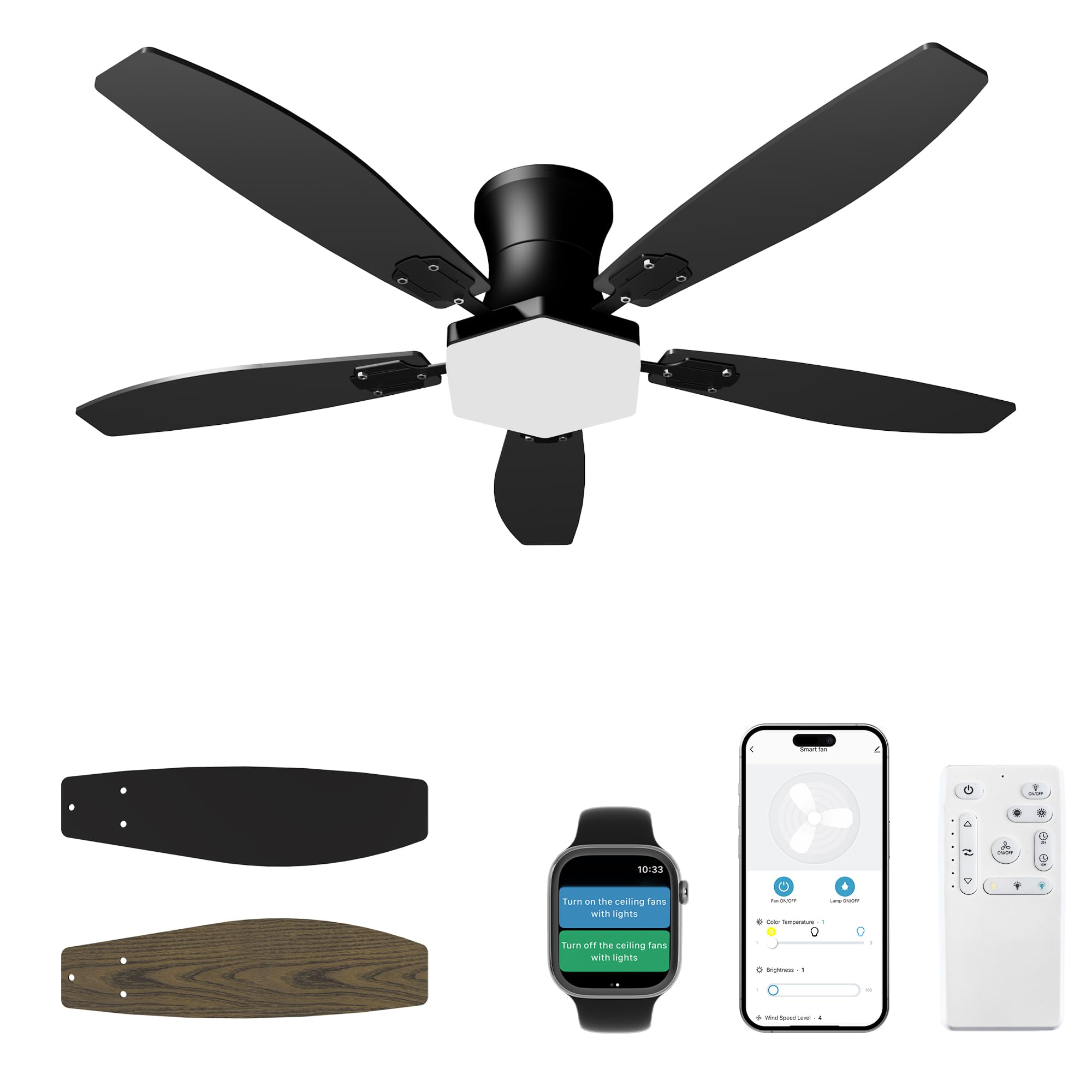 Ceiling Fan with Lights and Remote Control,42 Inch Low Profile Flush Mount, Black Ceiling Fan with Quiet Reversible Motor, 3CCT Dimmable LED, Modern Ceiling Fans for Bedroom, Indoor, Outdoor