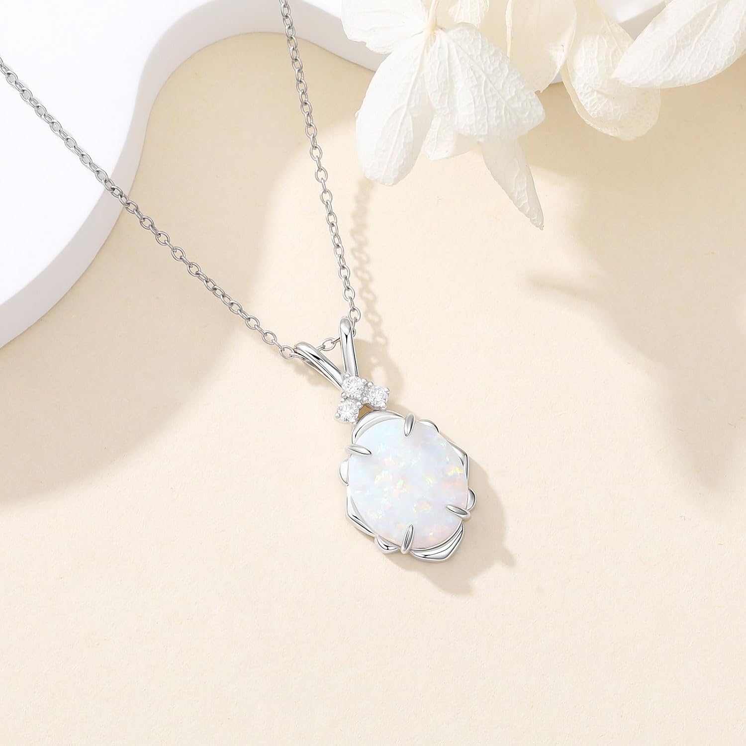 Oval Opal with Genuine Diamond Pendant Necklace 925 Sterling Silver Dainty White Opal Necklace Anniversary Birthday Jewelry Gifts for Women Her - Image 3