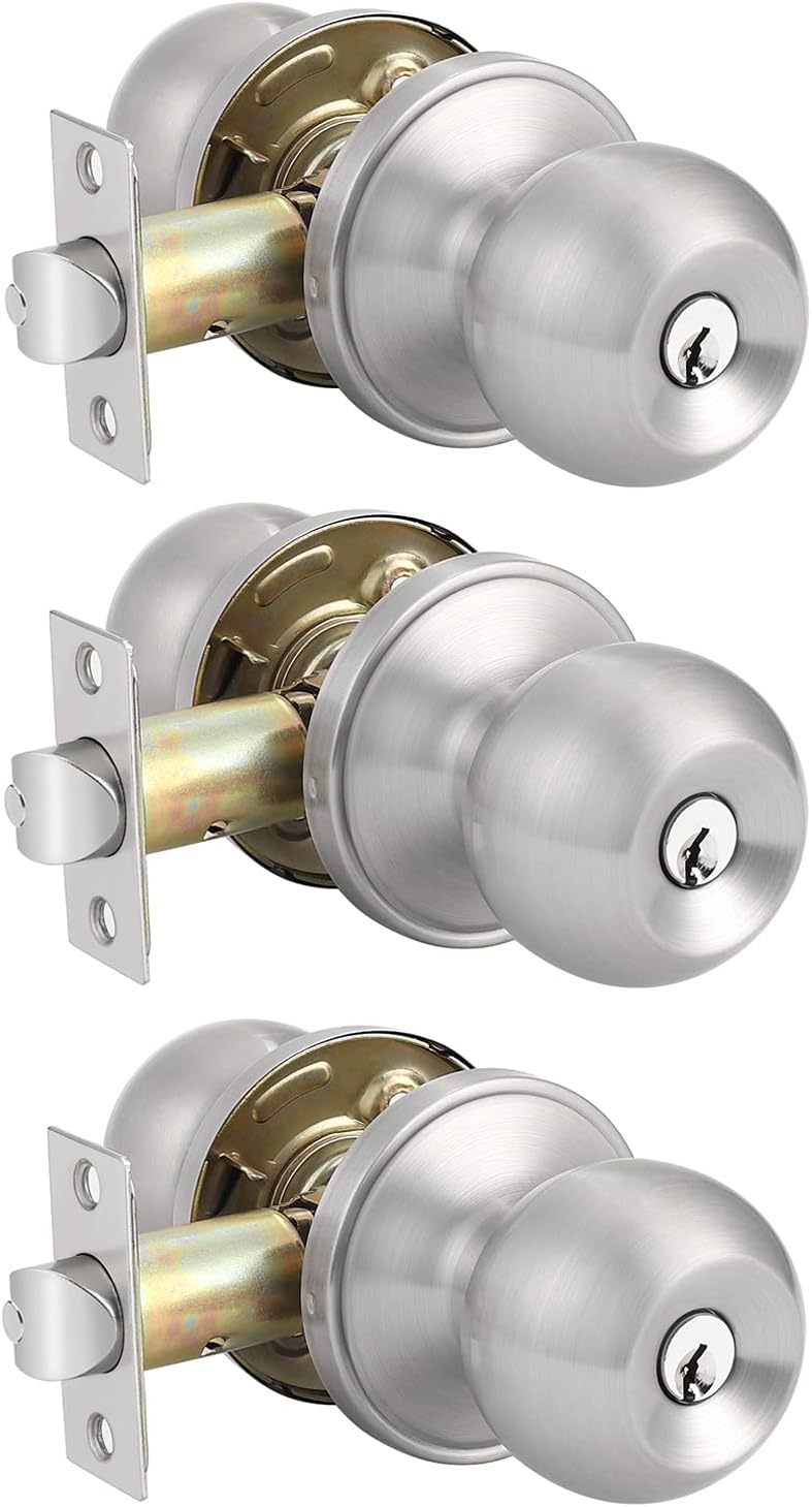 Probrico 3 Pack Entry Door Knob with Key Stainless Steel Exterior Door