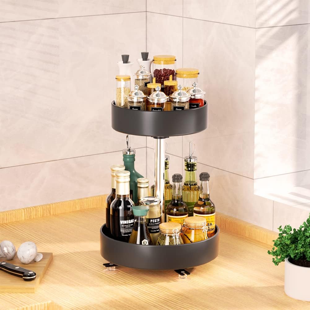 Lazy Susan Girevole In Legno 30 Cm – Portaspezie Da Cucina Con Parapetto In Ferro, Rotazione 360°, Organizer Salvaspazio - 5