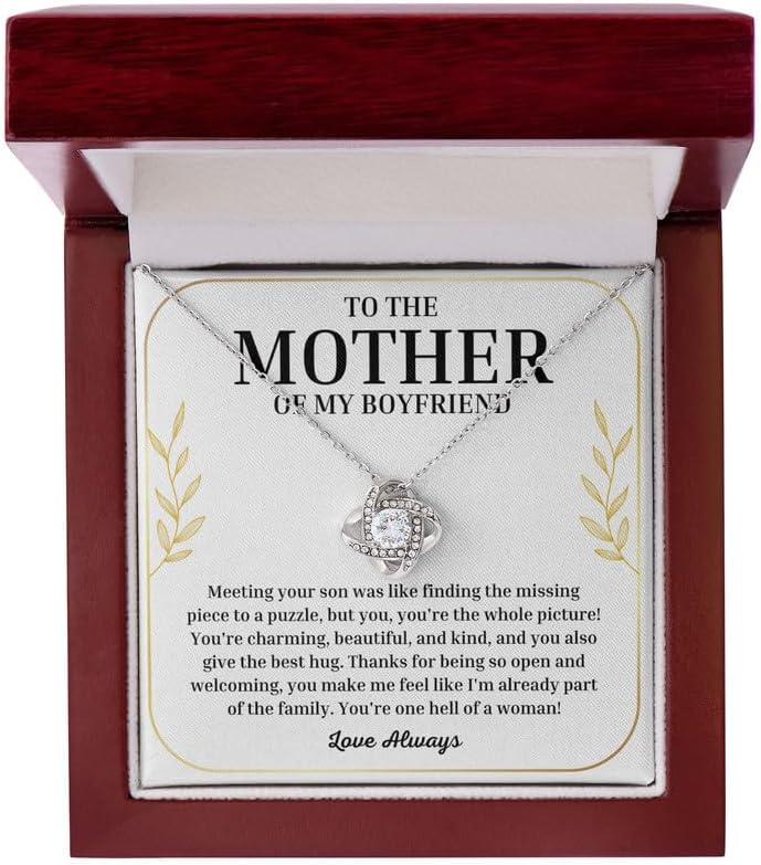 To My Boyfriend's Mom Necklace Message Card Box Love Knot Silver Mahogany - Meeting Your Son Was Like - Relationship Jewelry Aunt Stepmother Valentine