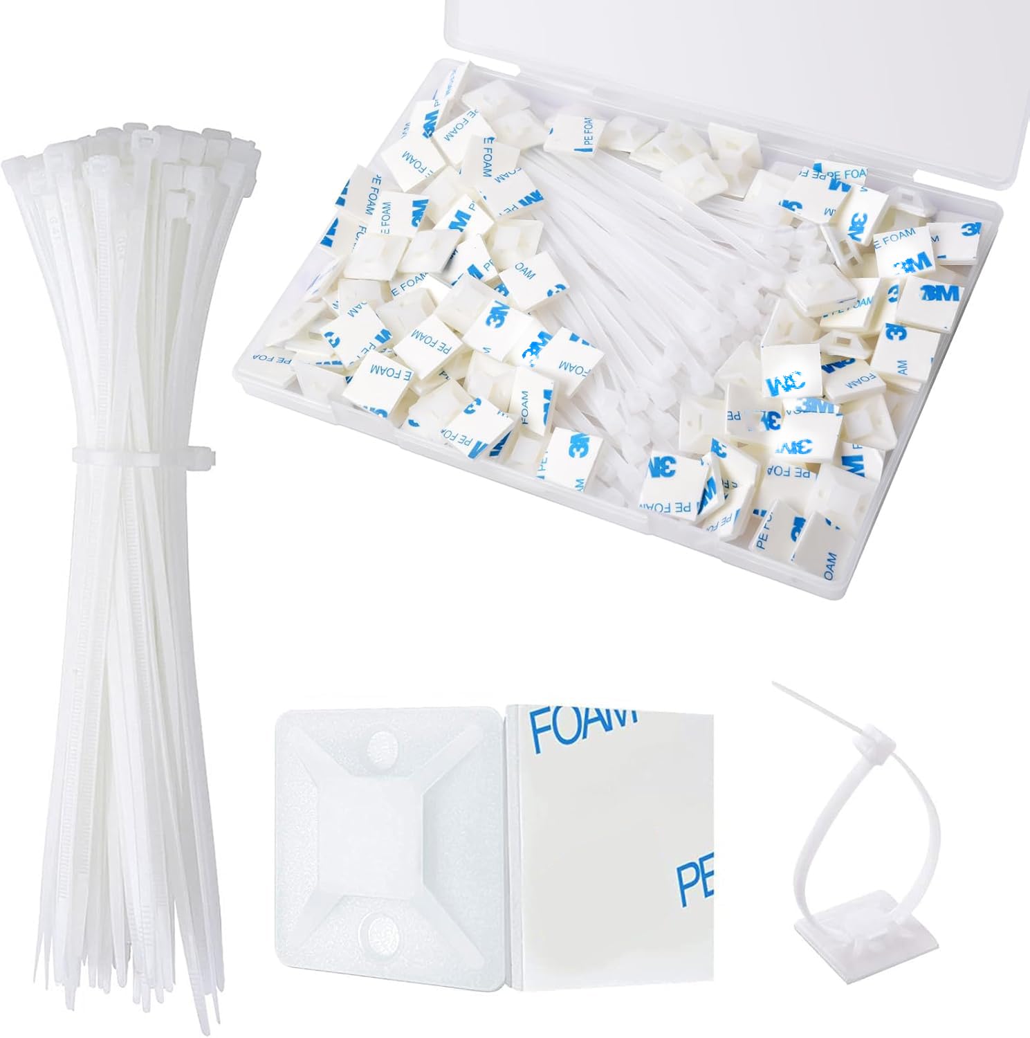 Strong Back-Glue Self Adhesive Cable Zip Tie Mounts Kit - 50 Set Cable Management Clips with 6" Zip Ties, Wire Holders - Outdoor Sticky Wire Organizer