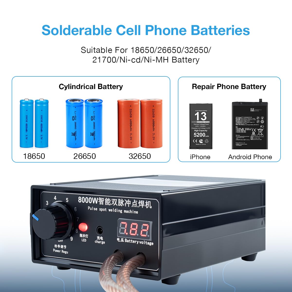Hosyond Soldador por puntos de batería de mano de 8000 W, kit de máquina de soldadura portátil de bricolaje, soldador por puntos de alta potencia con tira de níquel para batería 18650
