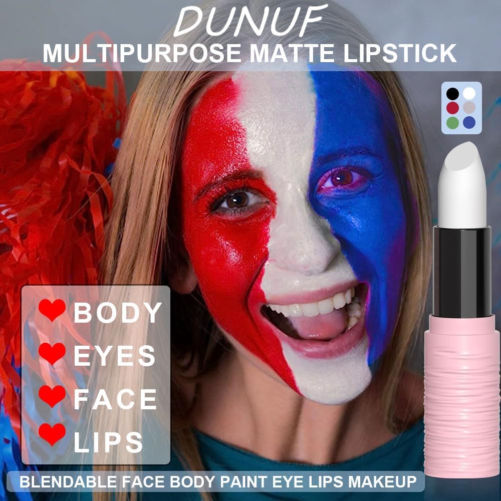 Lápiz labial mate para festival, tinte de labios blanco, brillo de labios en barra de pintura facial sedoso de alto pigmento, terciopelo suave, impermeable, blanco, negro, verde, azul, brillo 3