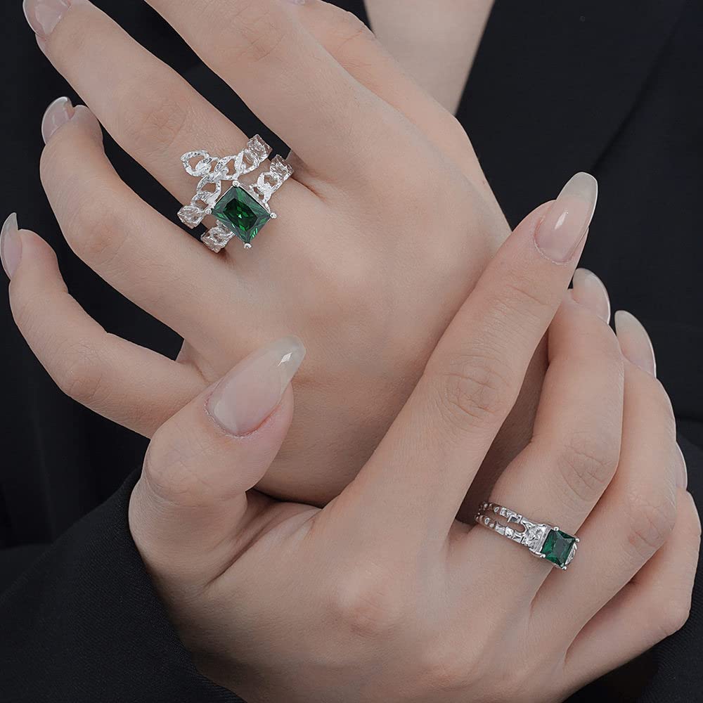 Anello In Argento Sterling 925,Anelli In Argento Sterling Donna 925 Anelli Regolabili Con Smeraldi Zirconi Quadrati Doppio Strato Anelli Regolabili In Argento Sterling Anello Di Fidanzamento Regali