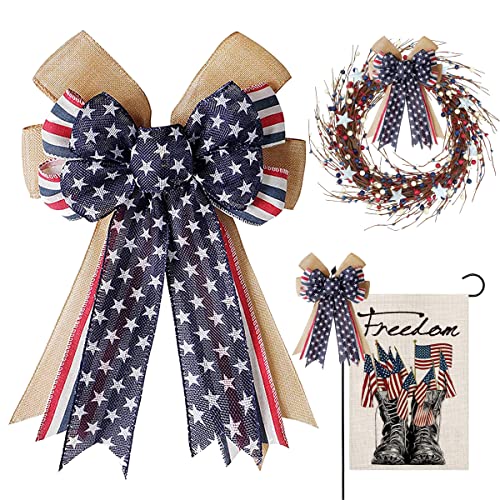 Patriotic Decor Bows for Wreaths Burlap Red White Blue Stripe Stars Tree Topper Bow for 4th of July Independence Day Memorial Day Veterans Day Front Door Indoor Outdoor Decorations
