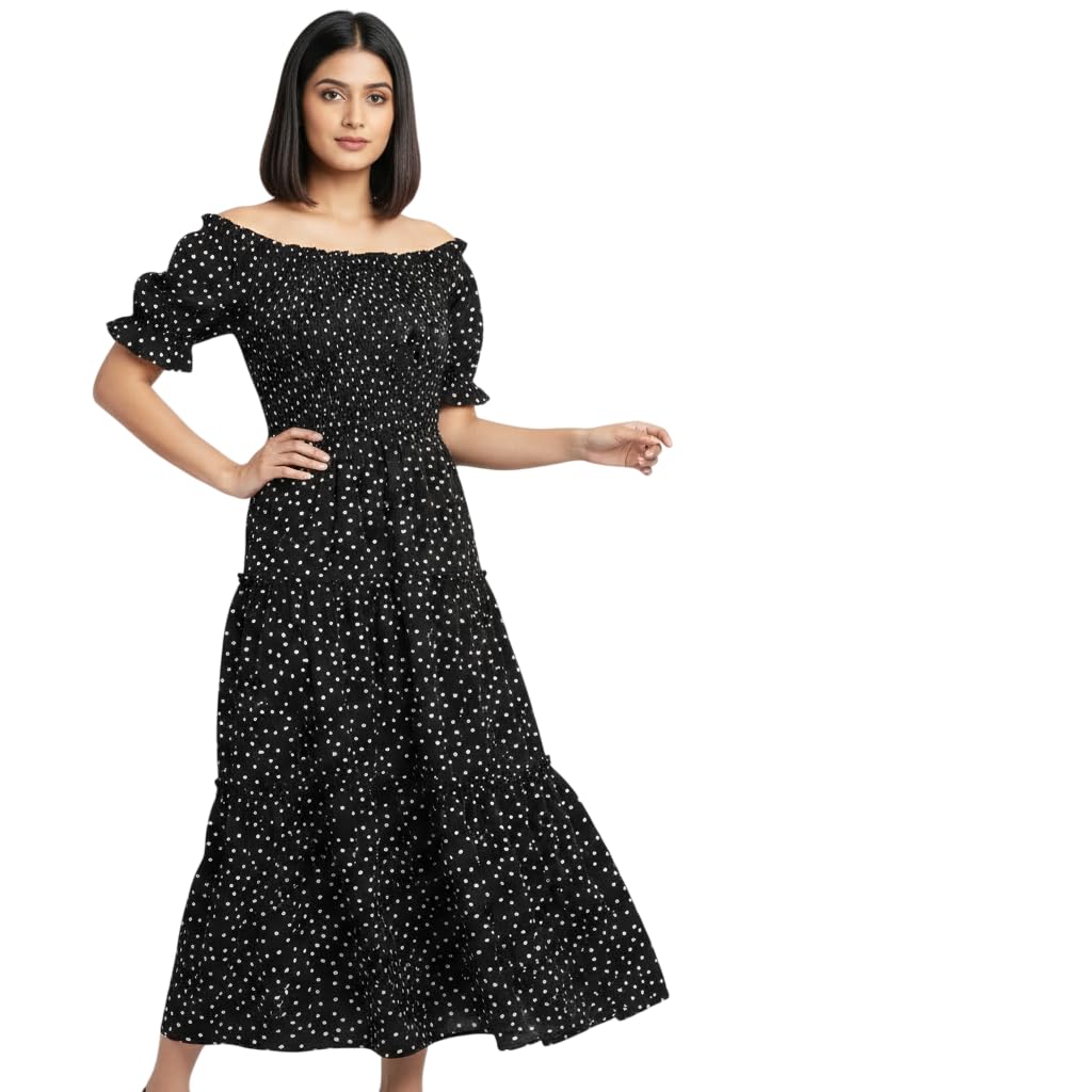 Women Black Polka Dot Off-Shoulder Smocked Midi Dress-image-21