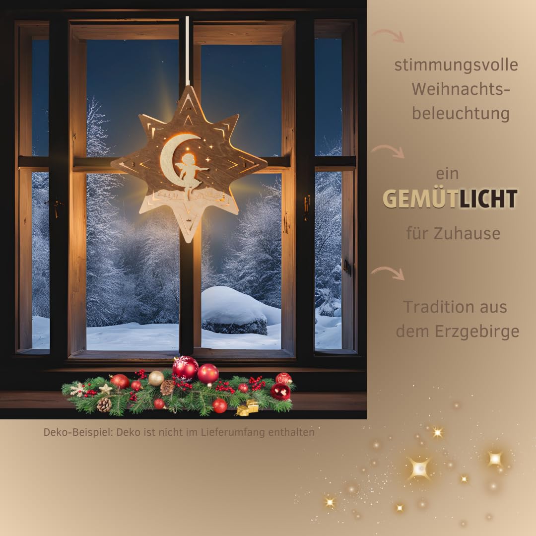 weigla - Fensterbild original Erzgebirge Stern Engel auf Mond I Weihnachtsdeko Fenster I 1 Lampe I 7 W, E14 I Fensterbild Weihnachten I Weihnachtsbeleuchtung aus Holz I Fensterdeko hängend
