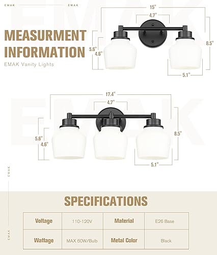 Miniatura 4 de Emak VL122-BK-ML-2 - Lámpara de tocador de 2 luces, moderno accesorio de baño negro para casa de campo sobre espejo con pantalla de vidrio de leche