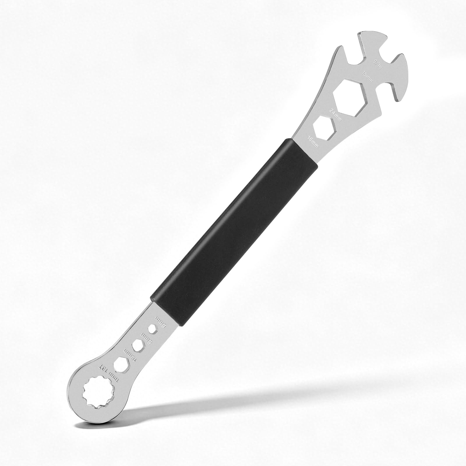 Oumers 5-en-1 Llave de Pedal, 335mm, para MTB y Carretera | Llaves 15mm/9/16" pedales, 16/24mm bielas & caja, 6/8/10mm hex, tallas grabadas, acero, agarre antideslizante