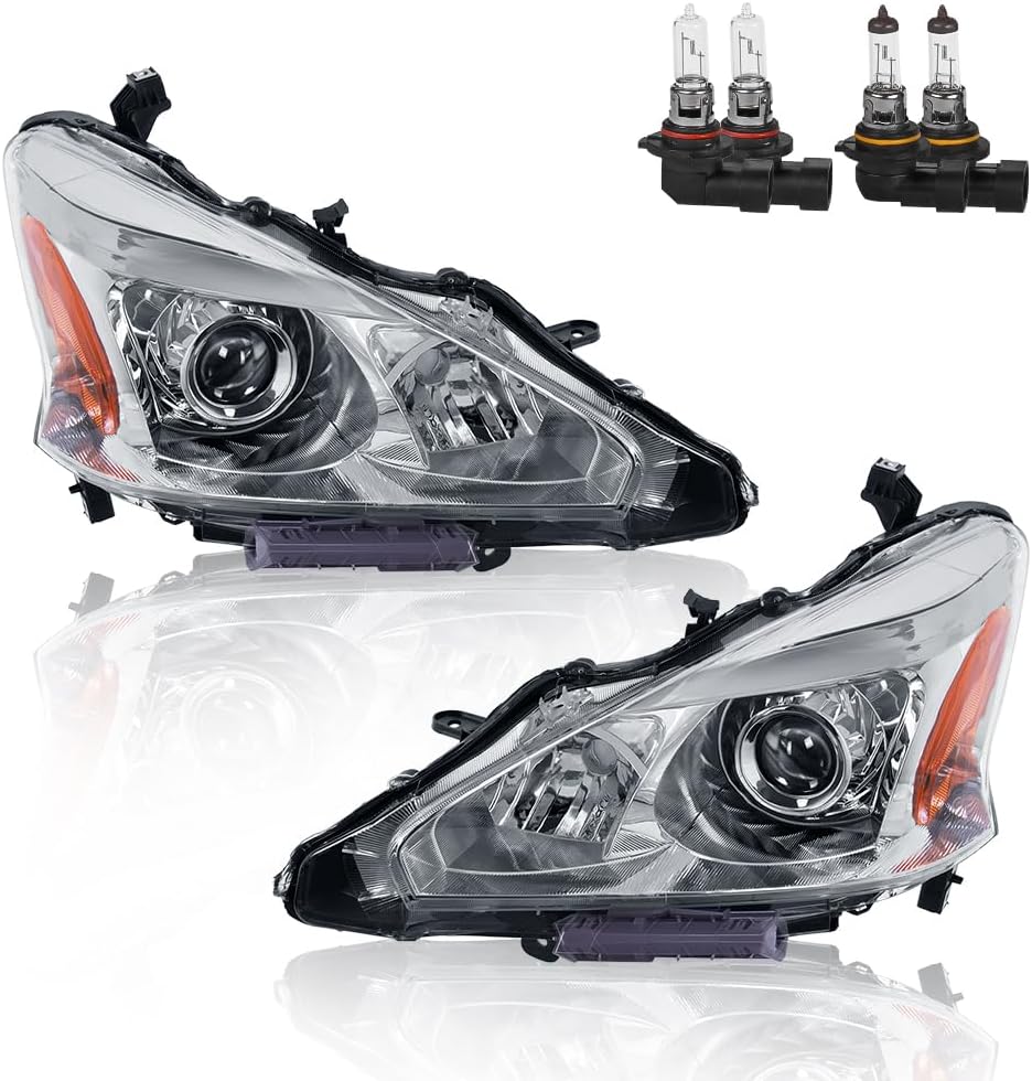 Headlights Assembly Compatible with 2013-2015 Nissan Altima 4-Door Halogen Only Projector Chrome Housing with Clear Lens Amber Reflector Front Lamps Driver and Passenger Side (Set of 2)