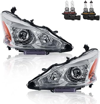 KUIPERAUTO Headlights Assembly Compatible with 2013-2015 Nissan Altima 4-Door Halogen Only Projector Chrome Housing with Clear Lens Amber Reflector Front Lamps Driver and Passenger Side Set of 2