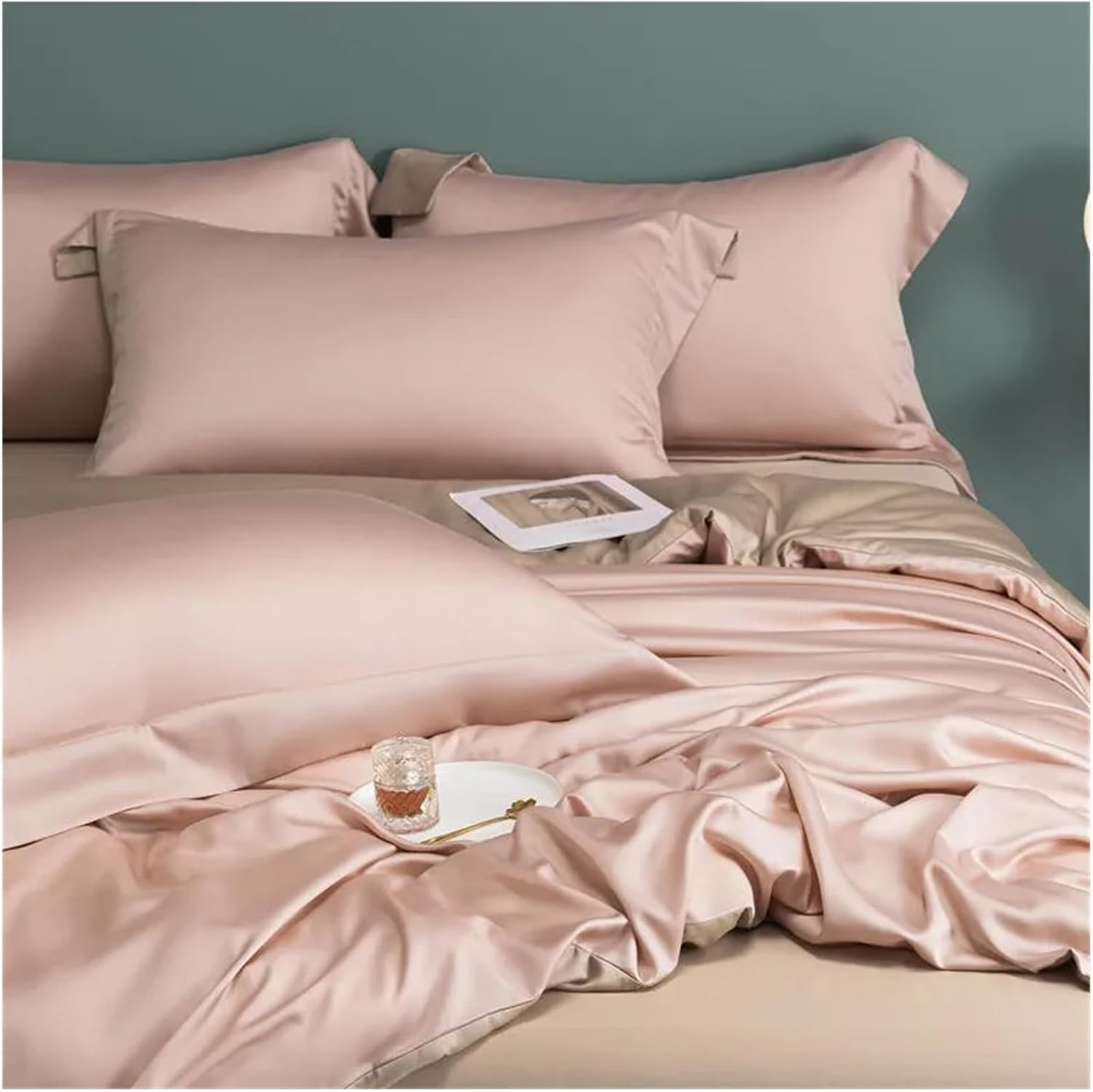 Bed Four Pieces Set 600TC Reversible Cream Brown Duvet Cover with Zipper Ties Soft Cooling Bed Fit Sheet Pillowcases Bedding Set(D,Fitted Bed Sheet-Queen 4PCS)
