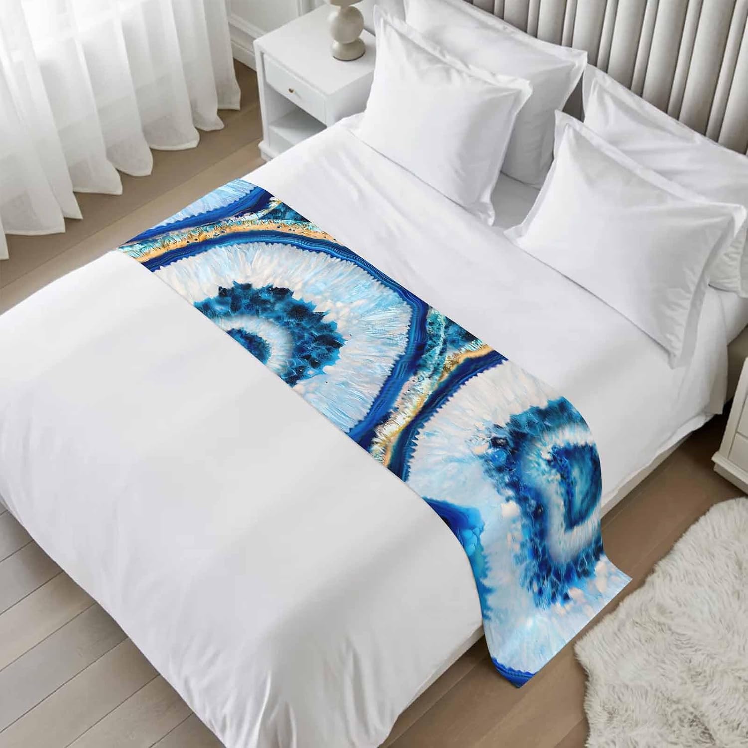 Blue Abstract Marble Bed Runner Cal King Size, Modern Abstract Art Bed Scarf Protector Slipcover for Bedroom Wedding Room Hotel, Bedding Runner Throws for Foot of Beds 102"x20"