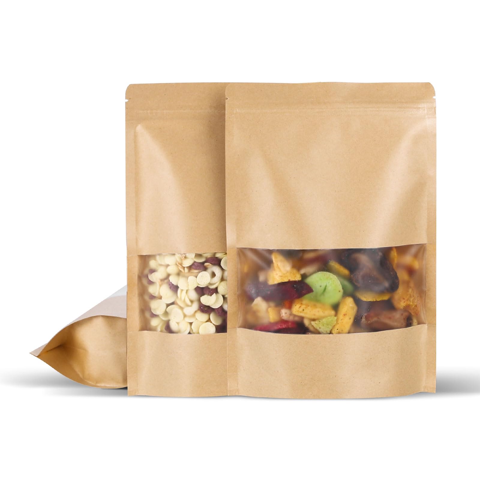 100 Pcs 6x9 Inch Kraft Paper Bags with Transparent Window, Stand Up Pouches,Smell Proof Bags,Resealable Bags for Small Business, Zipper Food Storage,