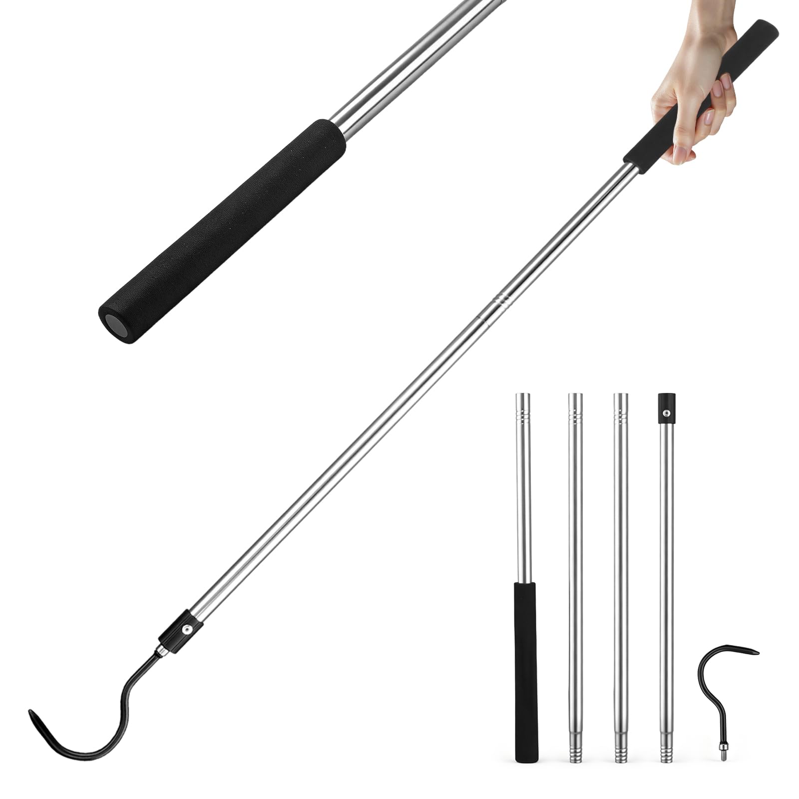 Snake Hook, 50" Reptile Snake Hook Heavy Duty Long for Ball Python Rattlesnakes Rattle Copperhead Removal with Sponge Grip and Stainless Steel Rubber Tip Hook(50inch)