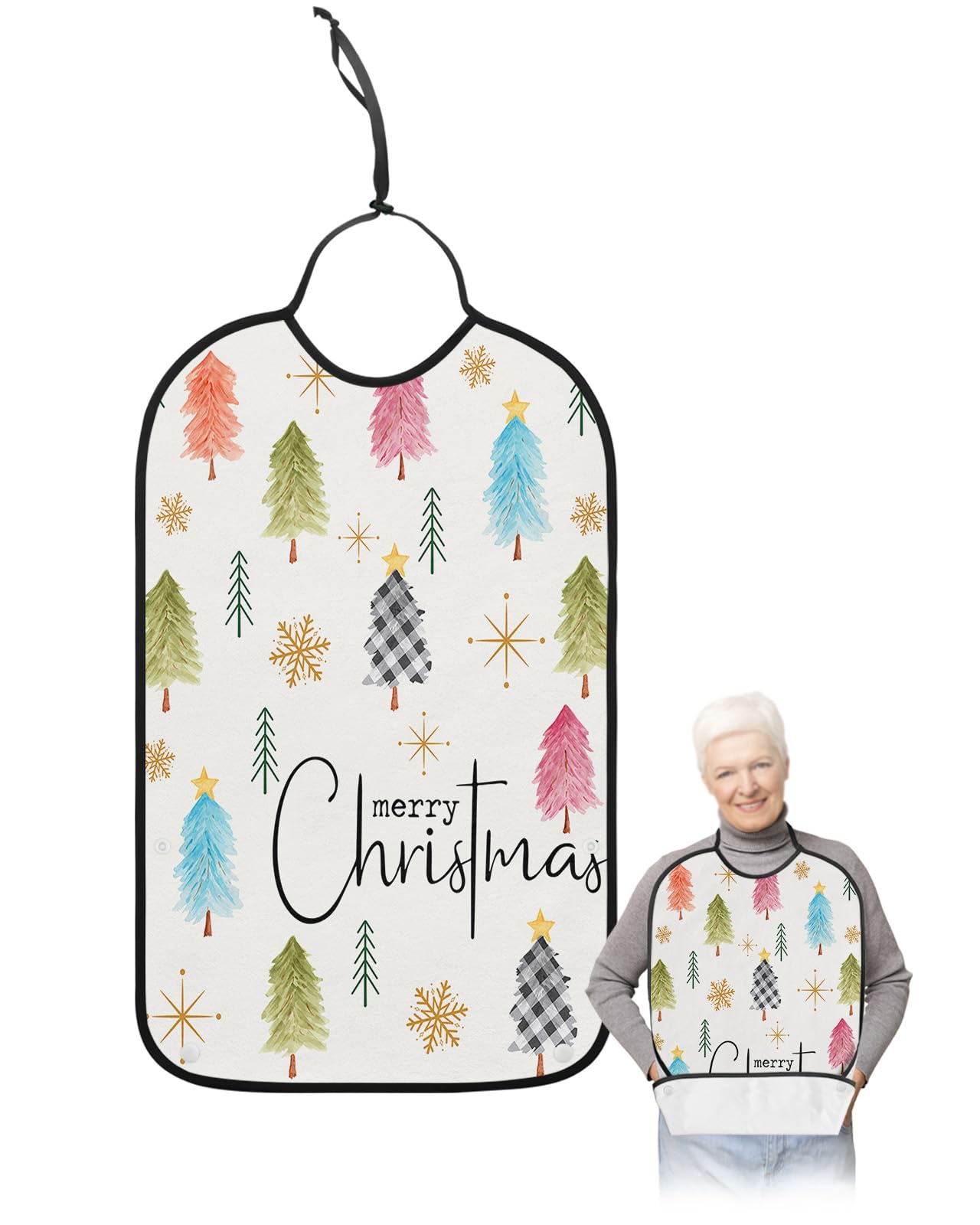 LEOKOTI Colorful Christmas Tree Adult Bibs for Eating, Waterproof Bibs with Food Catcher & Snap Closure, Xmas Tree Snowflake Merry Christmas Washable Clothing Protectors Adult Bibs for Elderly