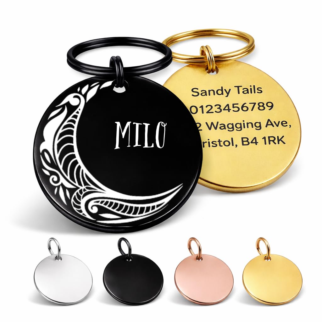 Personalised Moon Pet ID Tag – Custom Engraved Dog & Cat Name Tag, Celestial Night Sky Design (Large: 35mm)