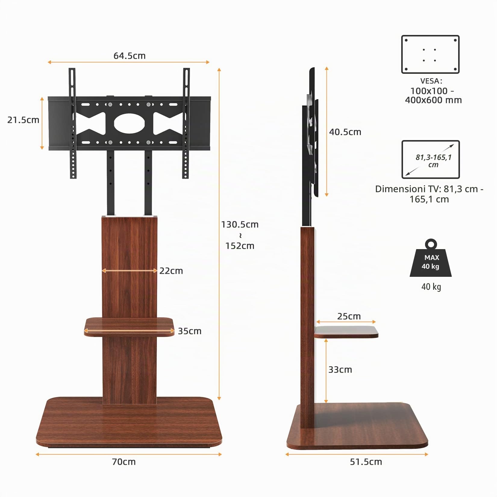 UNHO Supporto TV da Pavimento: Porta TV da Terra Mobile Ripiani Legno Bello Design Supporto TV da Terra per 32-65 Pollici Regolabile in Altezza Max VESA 400x600mm Portata 40kg