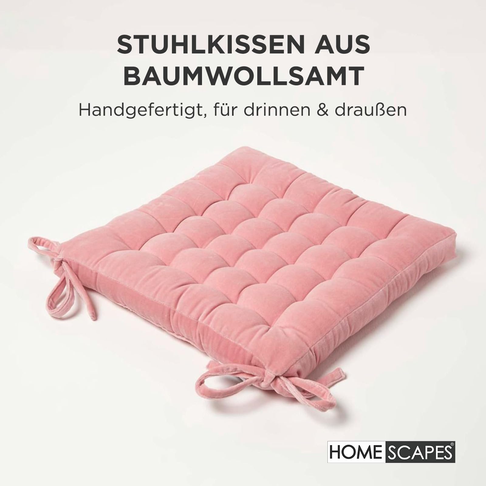 Homescapes Sitzkissen Samt rosa – Stuhlkissen 40x40 mit Bändern, Sitzauflage Baumwollsamt, bequem, weich & Oeko-TEX-Zertifiziert Küche, Haushalt & Wohnen