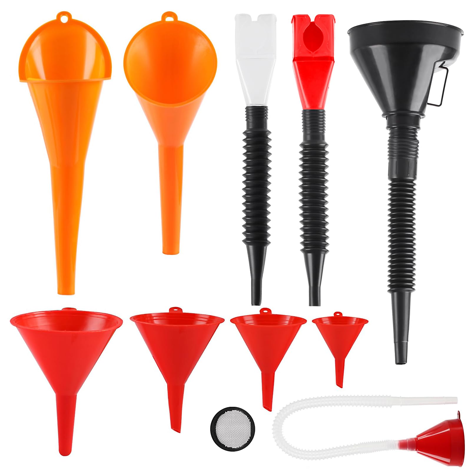 Set di 10 imbuti per auto, a bocca larga, in plastica, per olio a collo lungo, flessibili ad angolo retto, con beccuccio e filtro rimovibili, set di imbuto in plastica per acqua, benzina, refrigerante