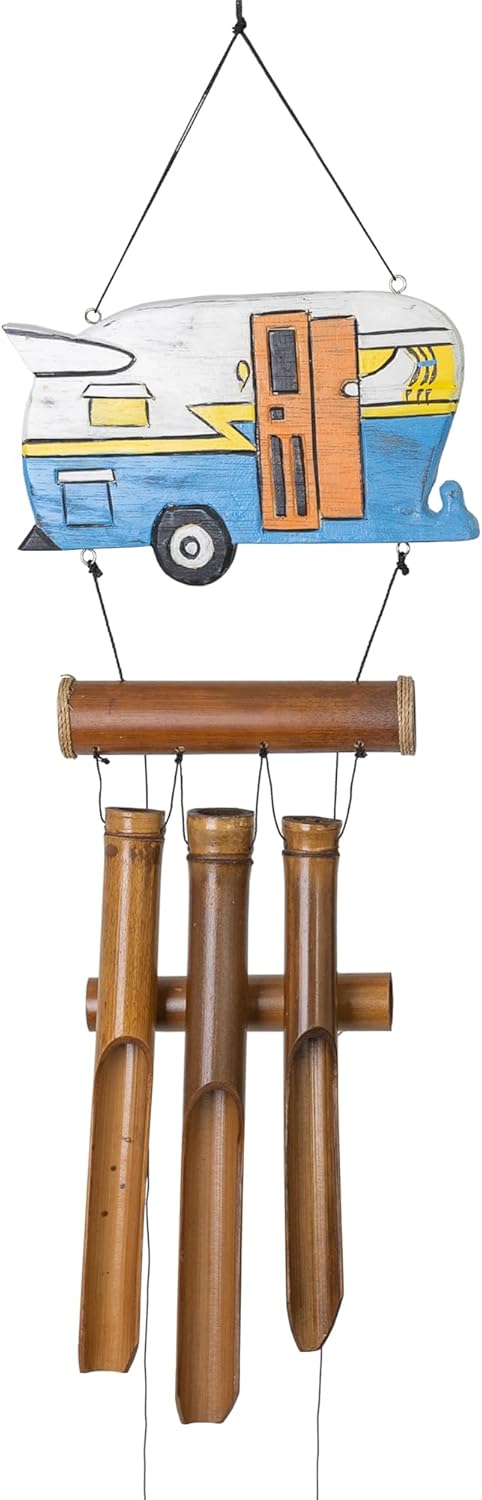 Cohasset Gifts Bamboo Wind Chime | #233 | Camper Trailer Bamboo Wind Chime | Wood, Outdoor, Home Décor for Decks, Garden, Porch | Hand Painted Classic Trailer Design |