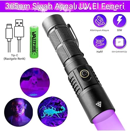 30W UV Işık Feneri, 365nm Profesyonel Güçlü, USB-C Şarjlı, Plastik Gövde, Su Dayanıklı, Para Kontrol ve Kamp için, 15x5x3 cm [Enerji Sınıfı A++]