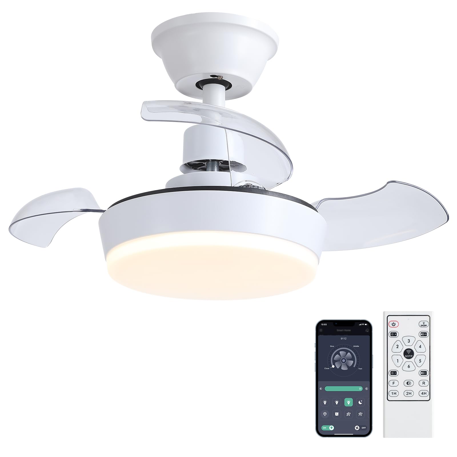 Kviflon Ventilador de Techo con Luz y Mando a Distancia 60cm, Motor DC Reversible y Silencioso, Ventilador sin Aspas con LED Regulable, para Dormitorio o Cocina, Blanco