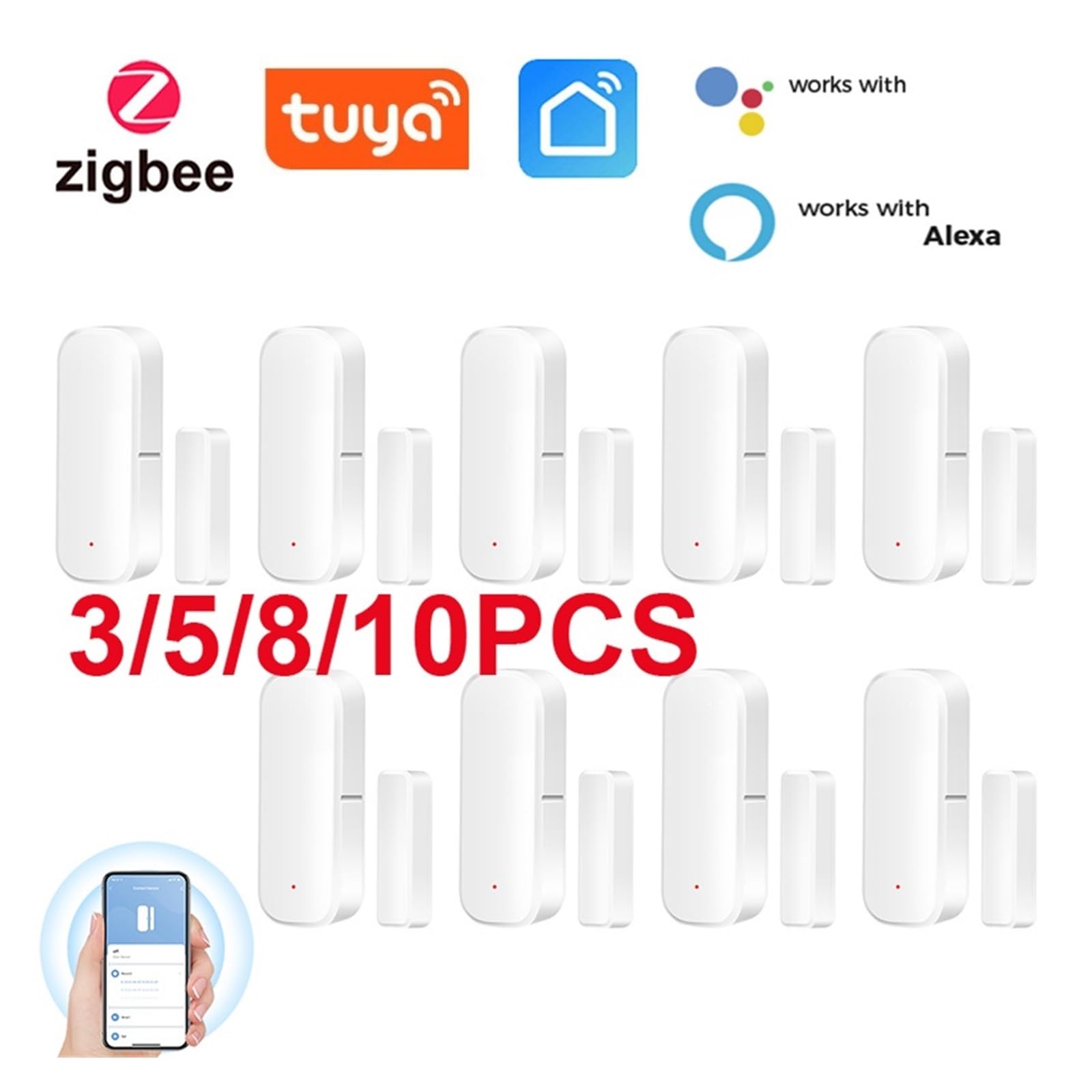 Sensor de puerta inteligente Tuya ZigBee, detectores de puerta abierta y cerrada, protección de seguridad inteligente for el hogar, Control de vida inteligente a través de Alexa Home(8pcs)