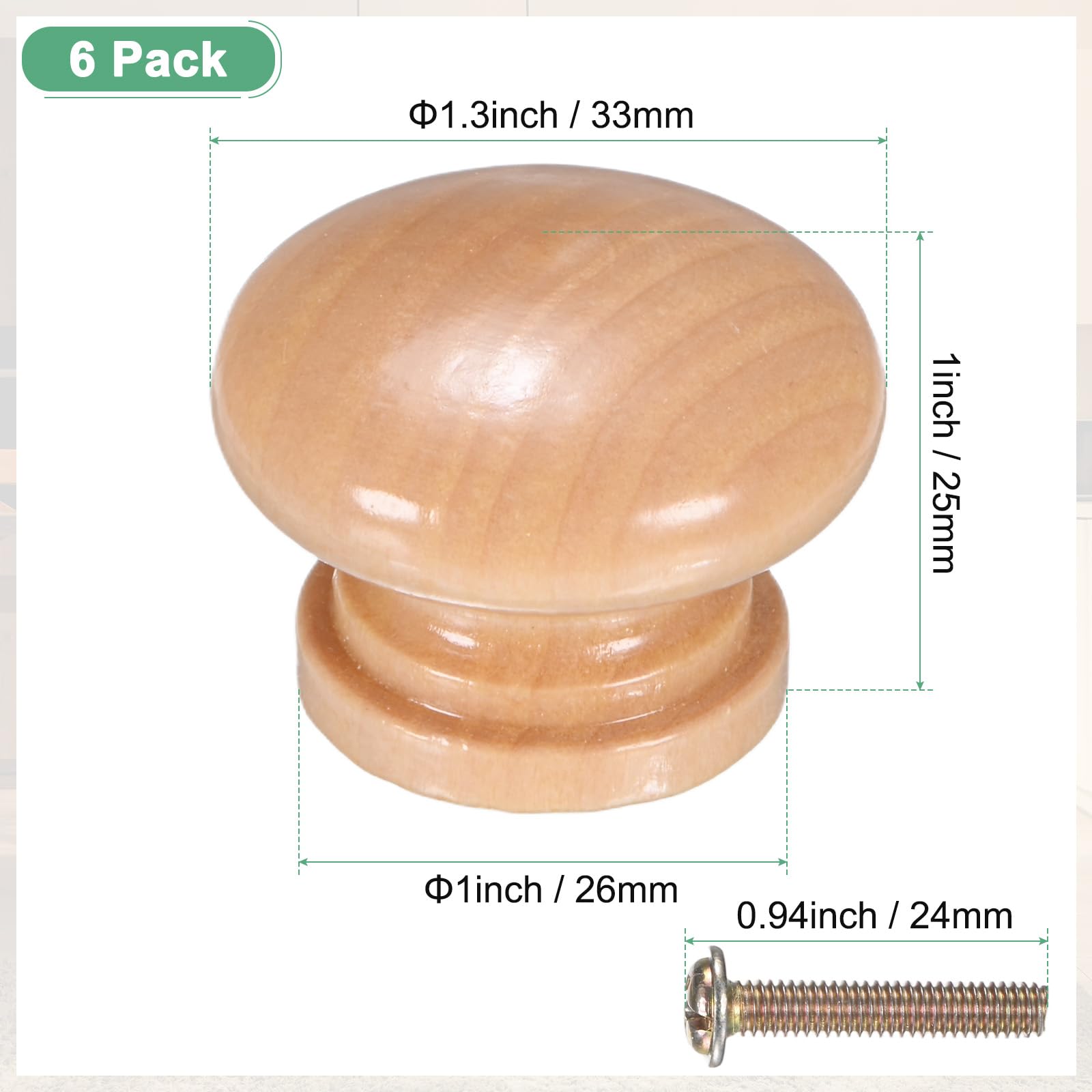 M METERXITY 6-Pack Kicthen Cabinet Knobs, 1-5/16 in(33mm) Solid Wood Round Drawer Pull Handle for Dresser/Office/Cupboard - Image 3