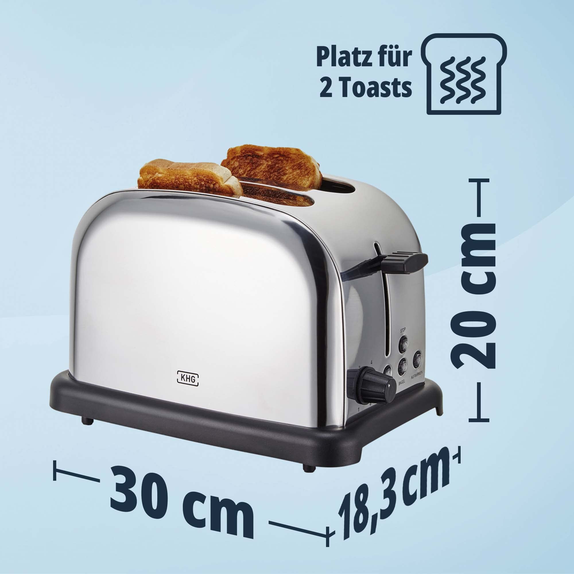 KHG Edelstahl Toaster in Chrom Optik mit Brötchenaufsatz, 2 Scheiben | 6 Bräunungsstufen mit Bräunungskontrolle, Krümelfach | 1000W Leistung | Außengehäuse - Retro Vintage, American Diner Style