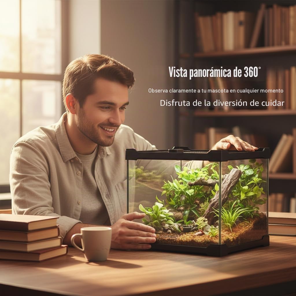 Terrarium Reptile - Terrario de cristal para reptiles y plantas (20 x 20 x 17 cm, con manta de ventilación)