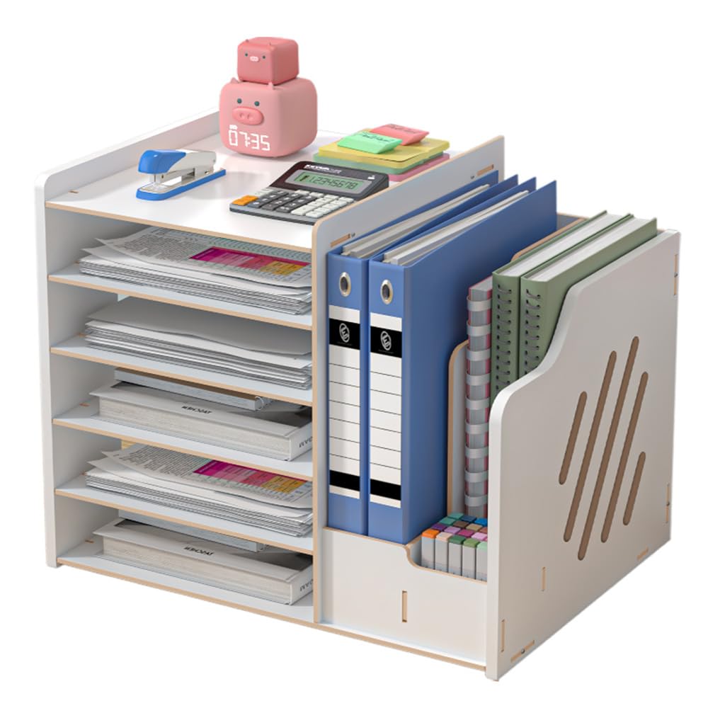 Hggzeg Organizador de escritorio de madera, organizador de escritorio de gran capacidad, organizador de archivos, organizador de documentos de papel A4, caja de almacenamiento de suministros de