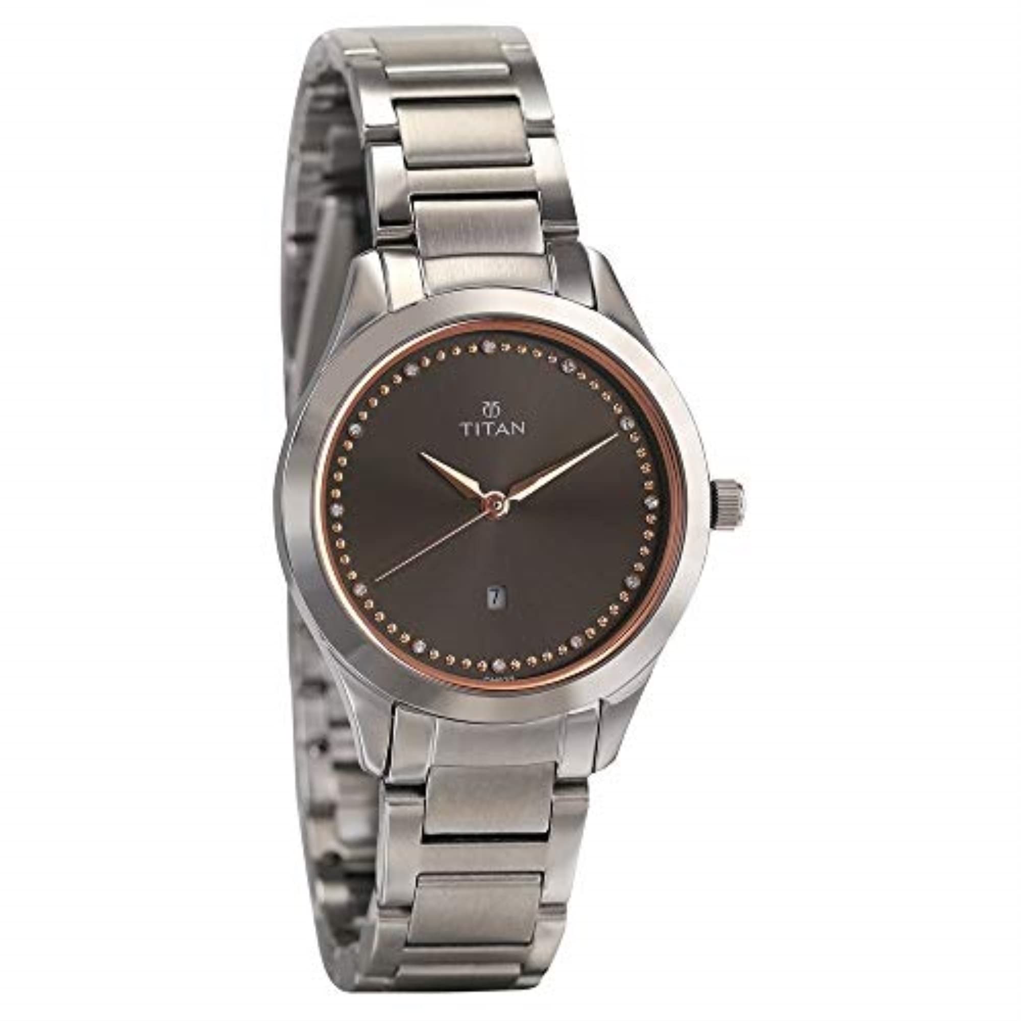 Titan Sparkle Womens Quartz Analog Watch - Silver Band - Black Face with Rose Gold Hands and Swarovski Crystals