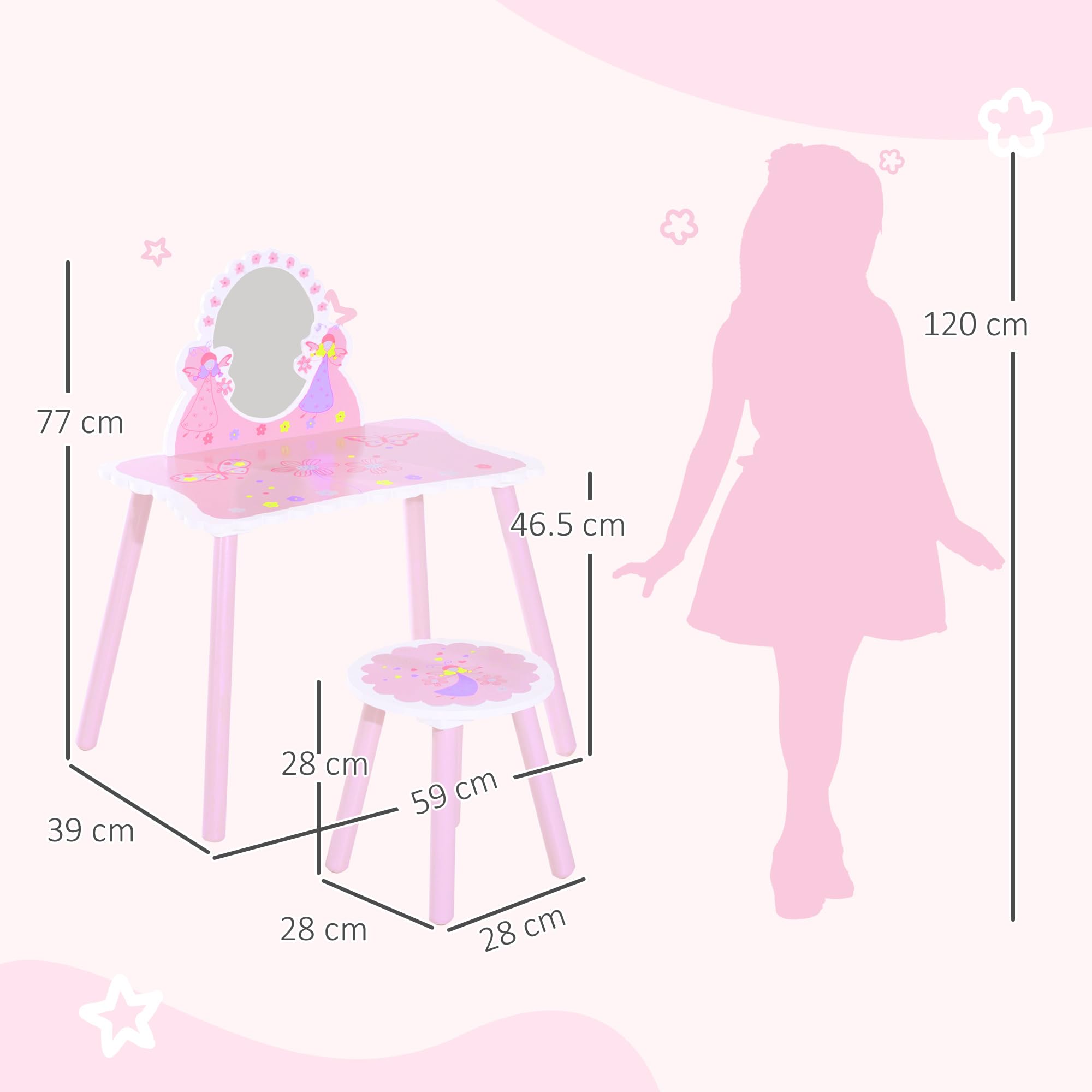 HOMCOM Toeletta per Bambini con Sgabello in Legno, Tavolo Trucco con Specchio Moderno e Cassetto, 59L x 39P x 77A cm, Rosa