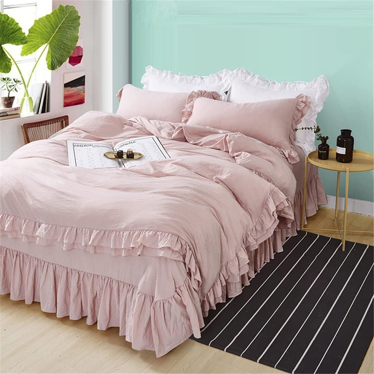 MOOWOO Ruffle Duvet Cover Set, Soft and Breathable Washed Microfiber 3pcs Bedding Set, Shabby Chic Farmhouse Duvet Cover and Pillow Shams, Zipper Closure & Corner Ties, Easy Care - Queen, Pink